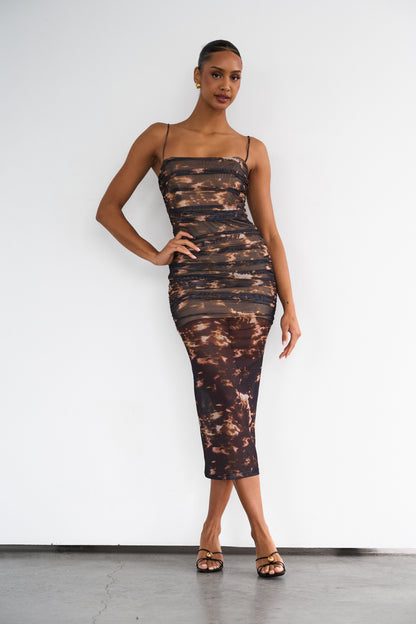Sheer Ruched Midi Dress
