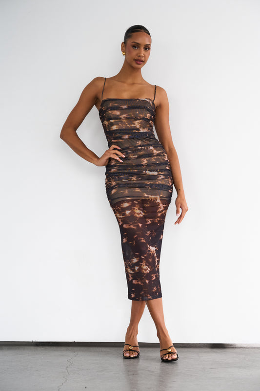 Sheer Ruched Midi Dress