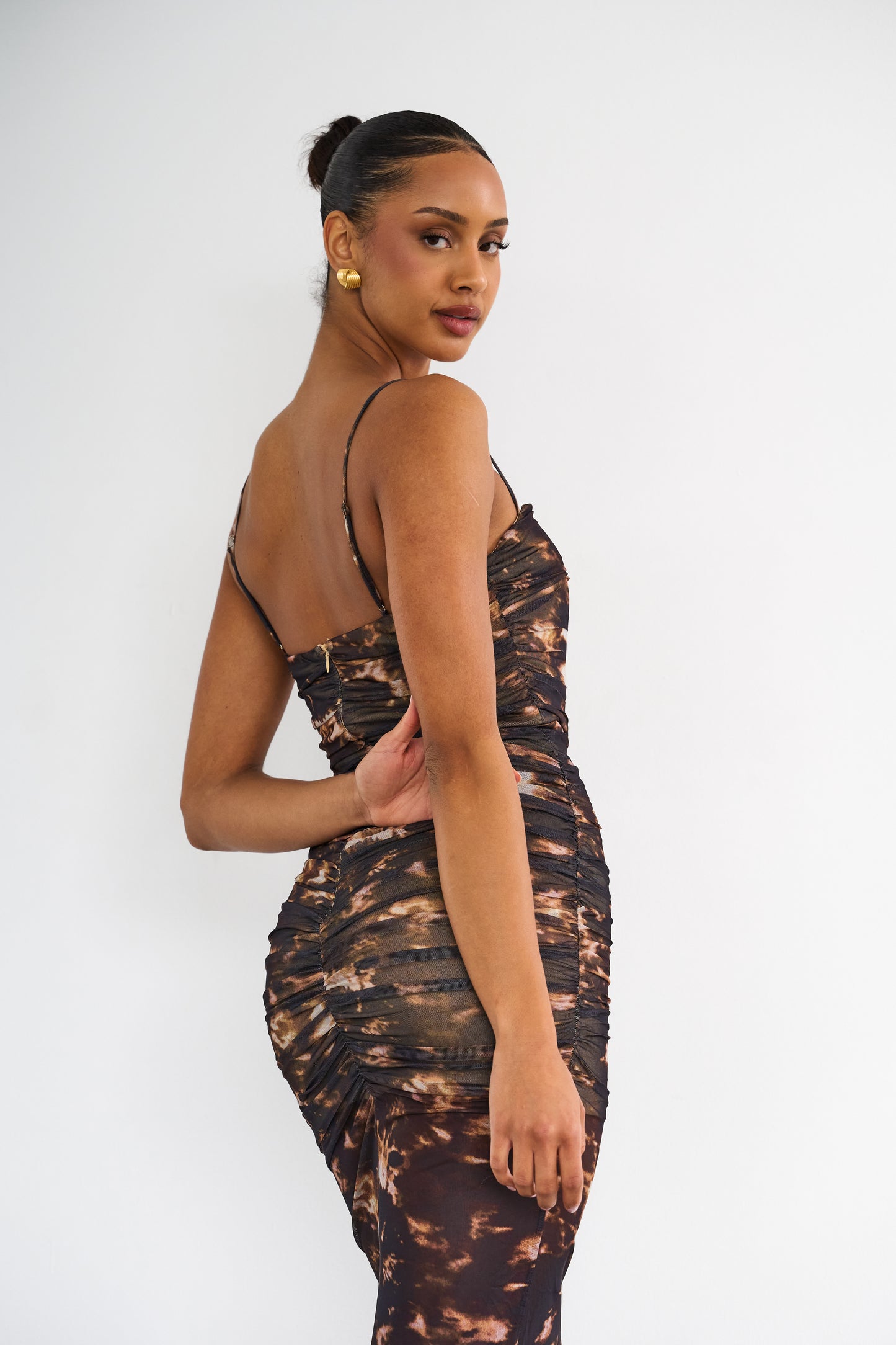 Sheer Ruched Midi Dress