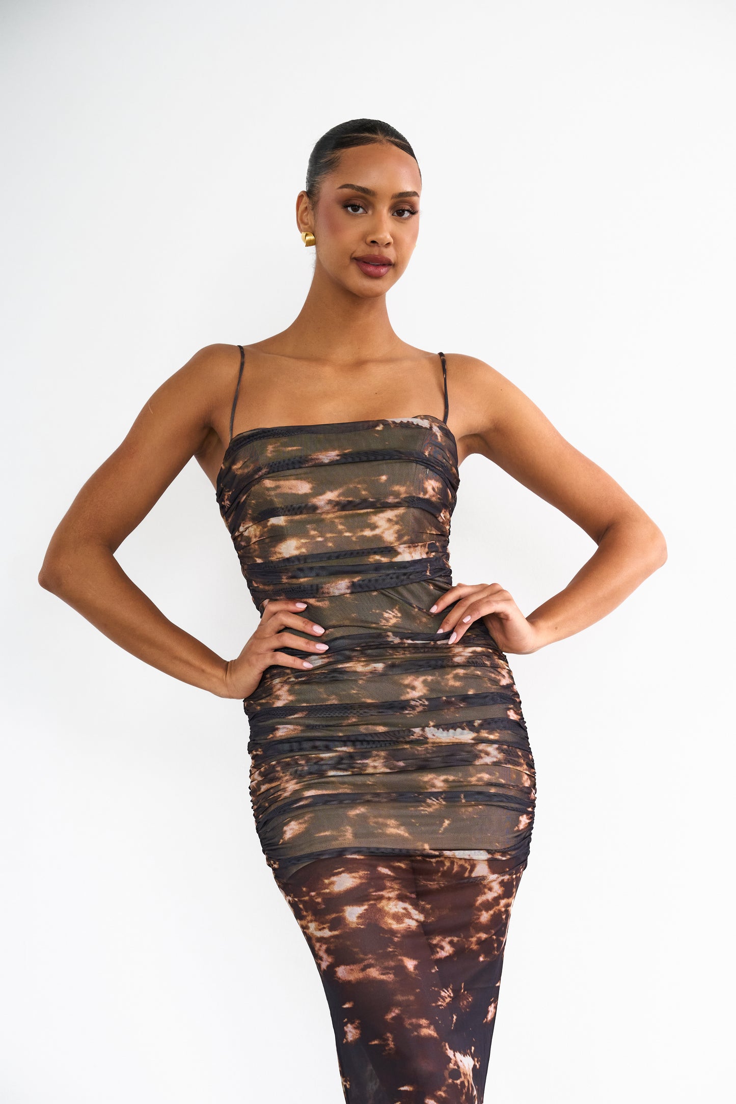 Sheer Ruched Midi Dress